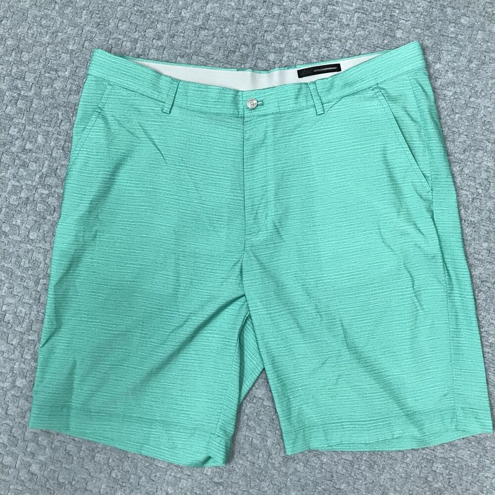 Greg Norman Shorts Mens 38 Green Striped Stretch Chino Performance Golf Casual
